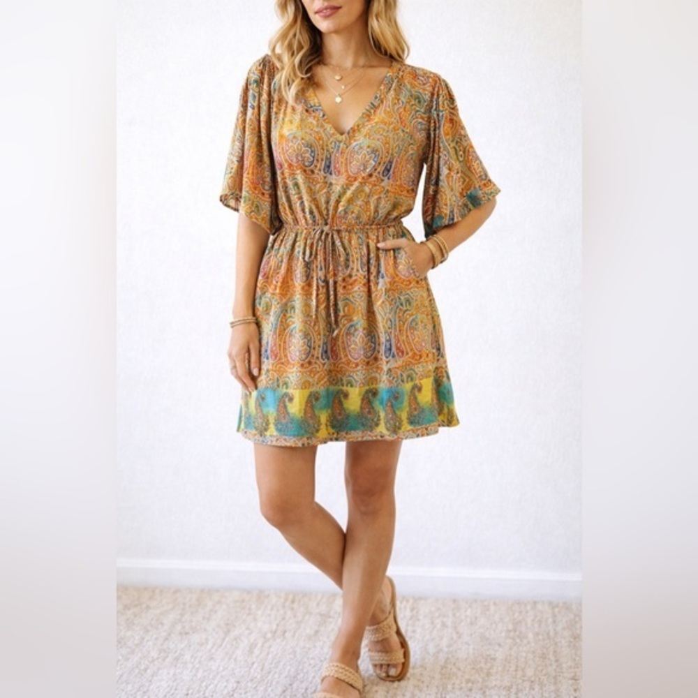 Tolani Silk Tunic Dress Boho Paisley Mini Dress Drawstring Waist Pocket Size L